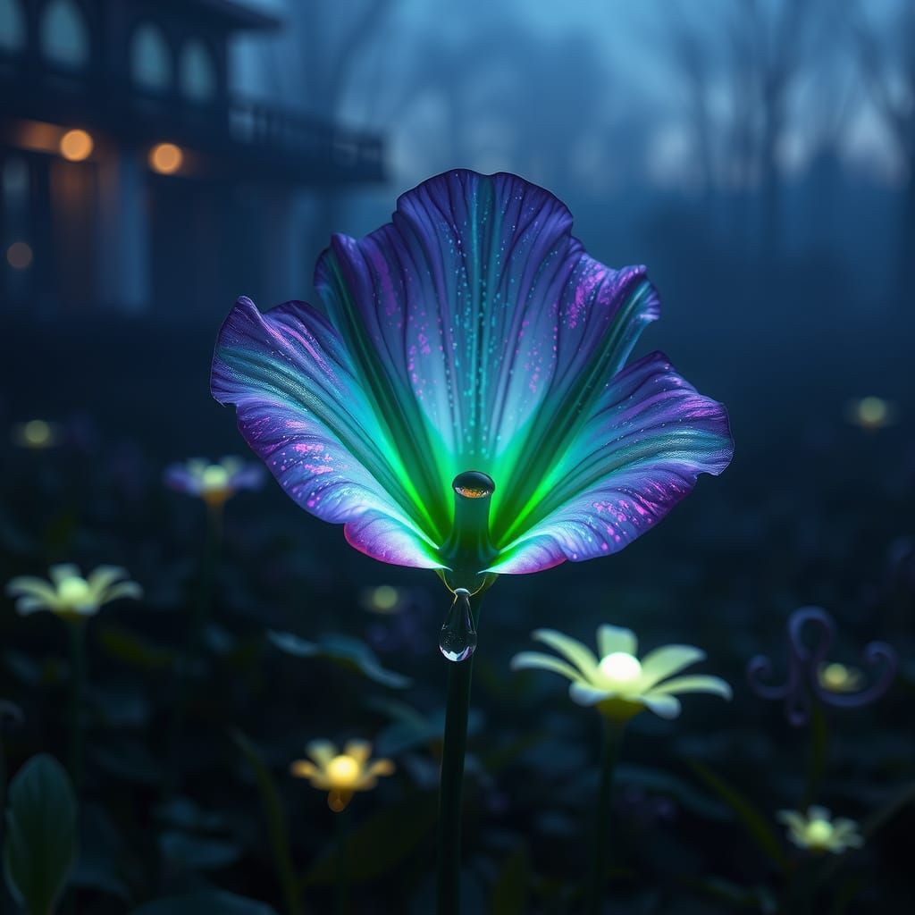Melancholic Umbral Tear Flower in Alien Twilight Garden
