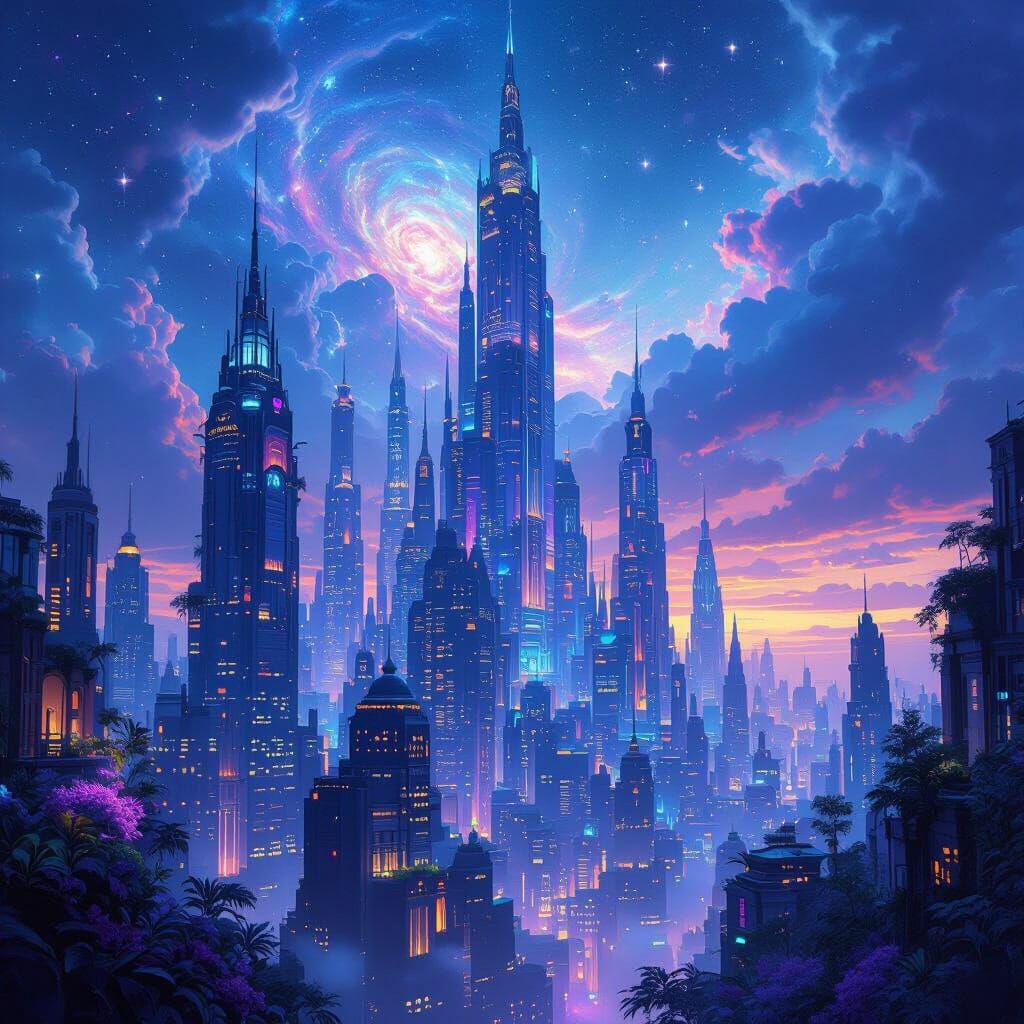 Fantastical Cityscape at Dusk Digital Painting