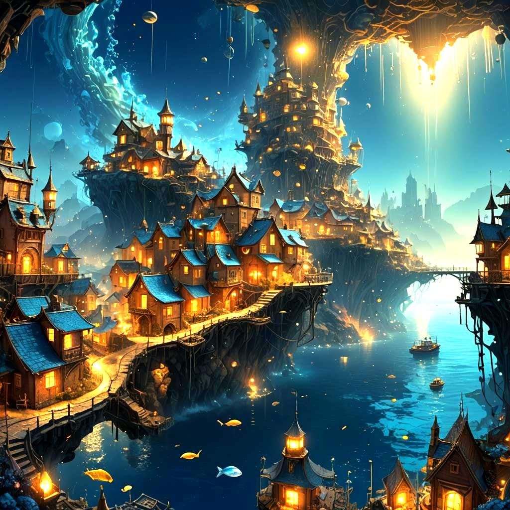 Underwater Golden City in Blue Ocean: Fantasy Art