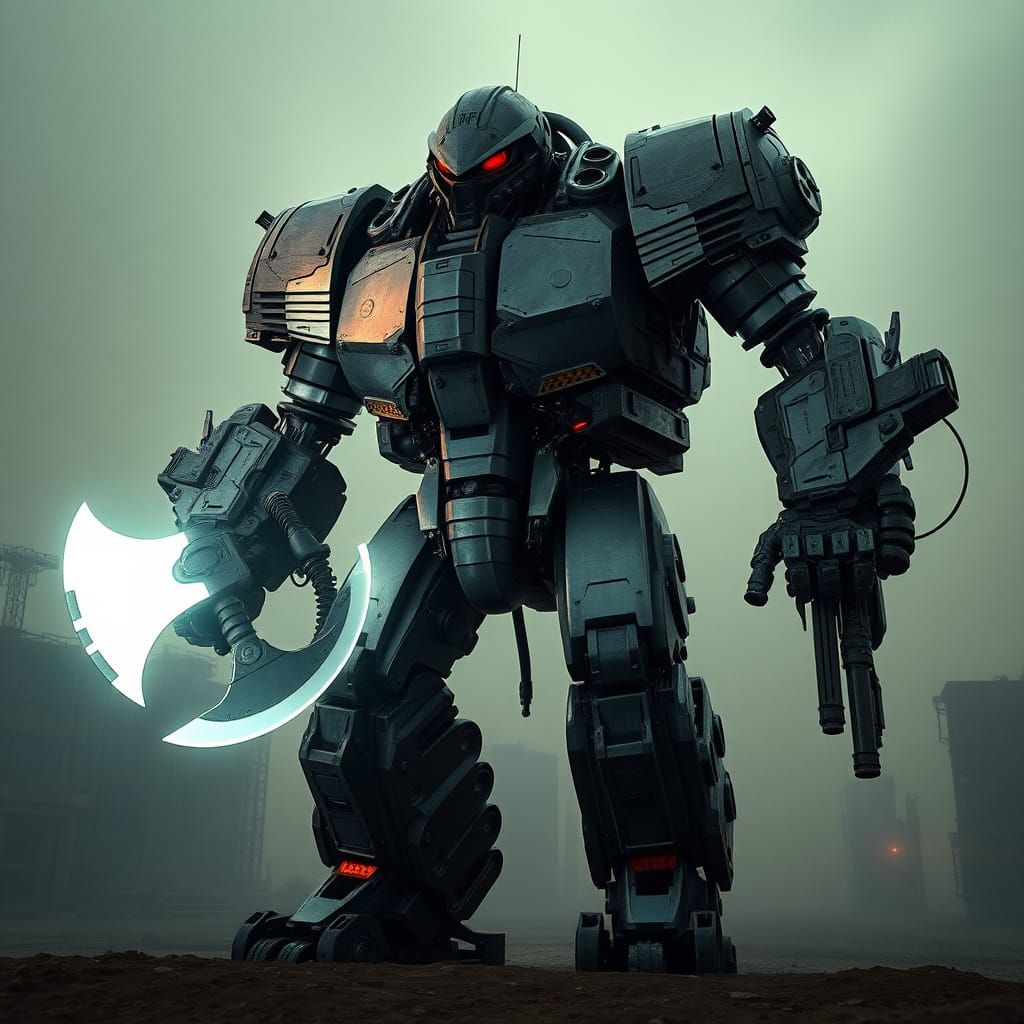 Gritty Futuristic Robot with White Glowing Axe and Gun in De...