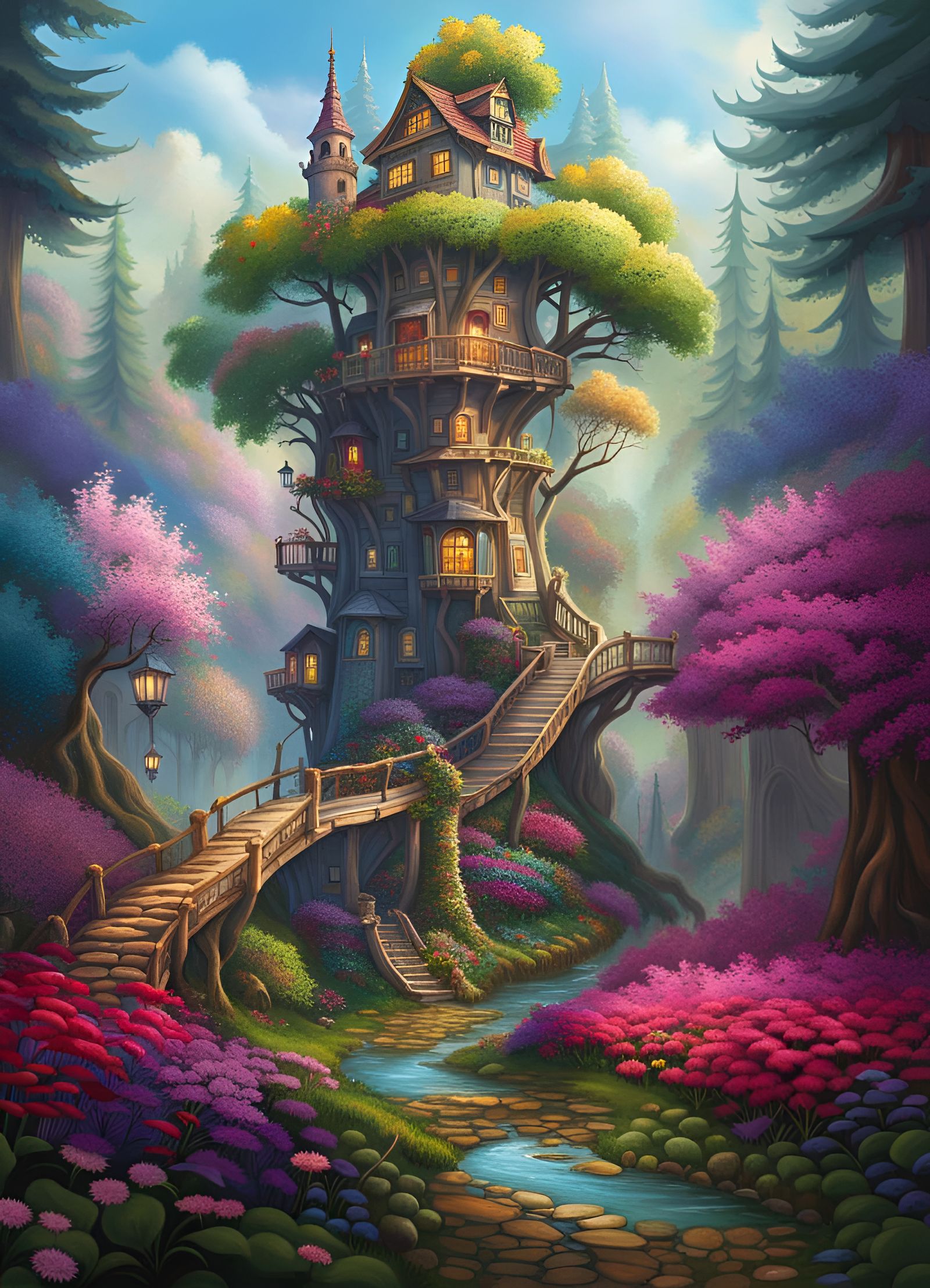 Enchanted Tree-City Tower in Hyper-Detailed Fantasy Forest