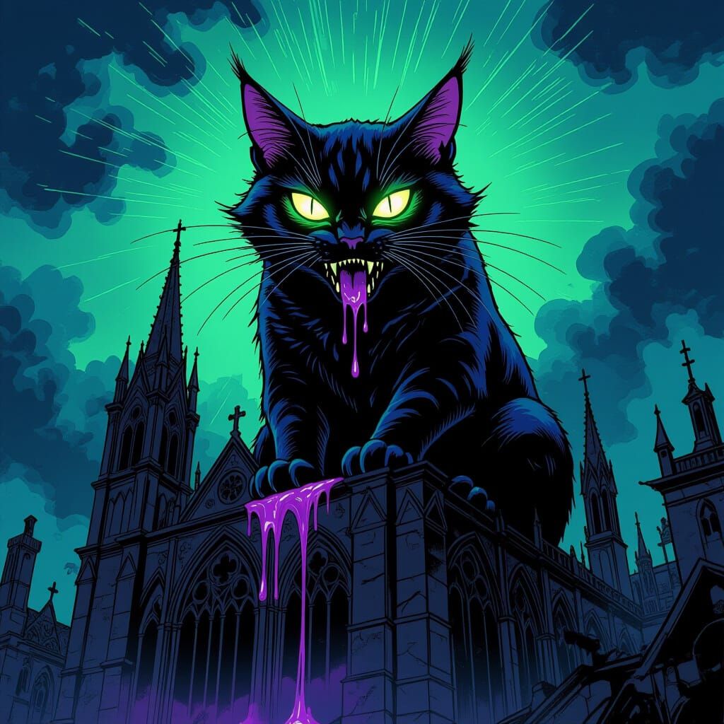 Grotesque Cat Atop Gothic Cathedral in Dark Fantasy Style