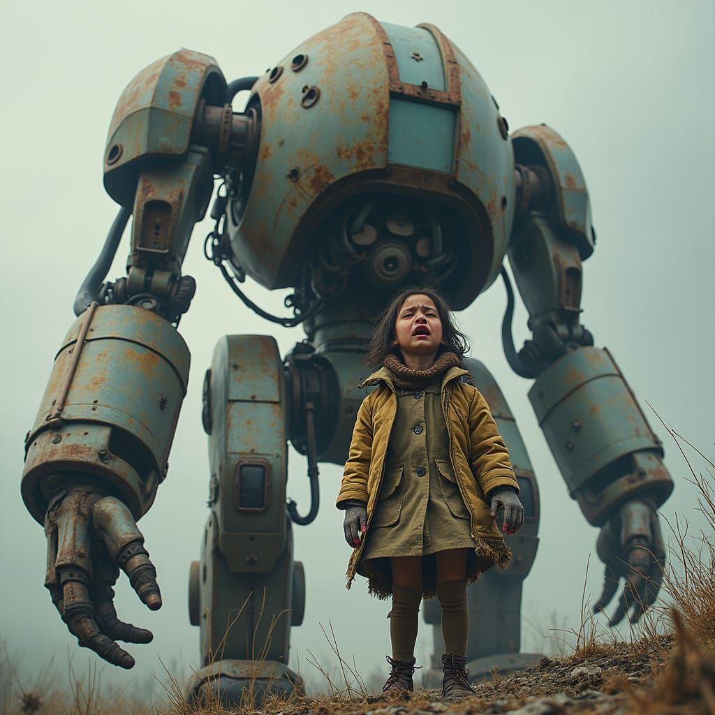 Cyber Mech Comforts Crying Girl: Hyper-Realistic Detail