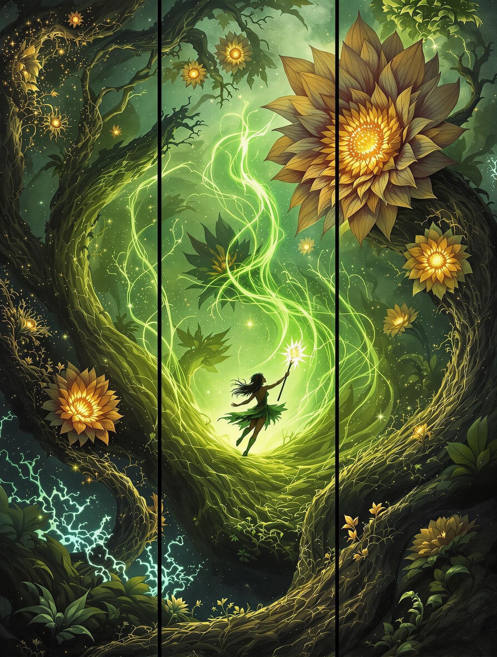 Amazonian Mage in Verdant Abyss: Eco-Botanical Triptych
