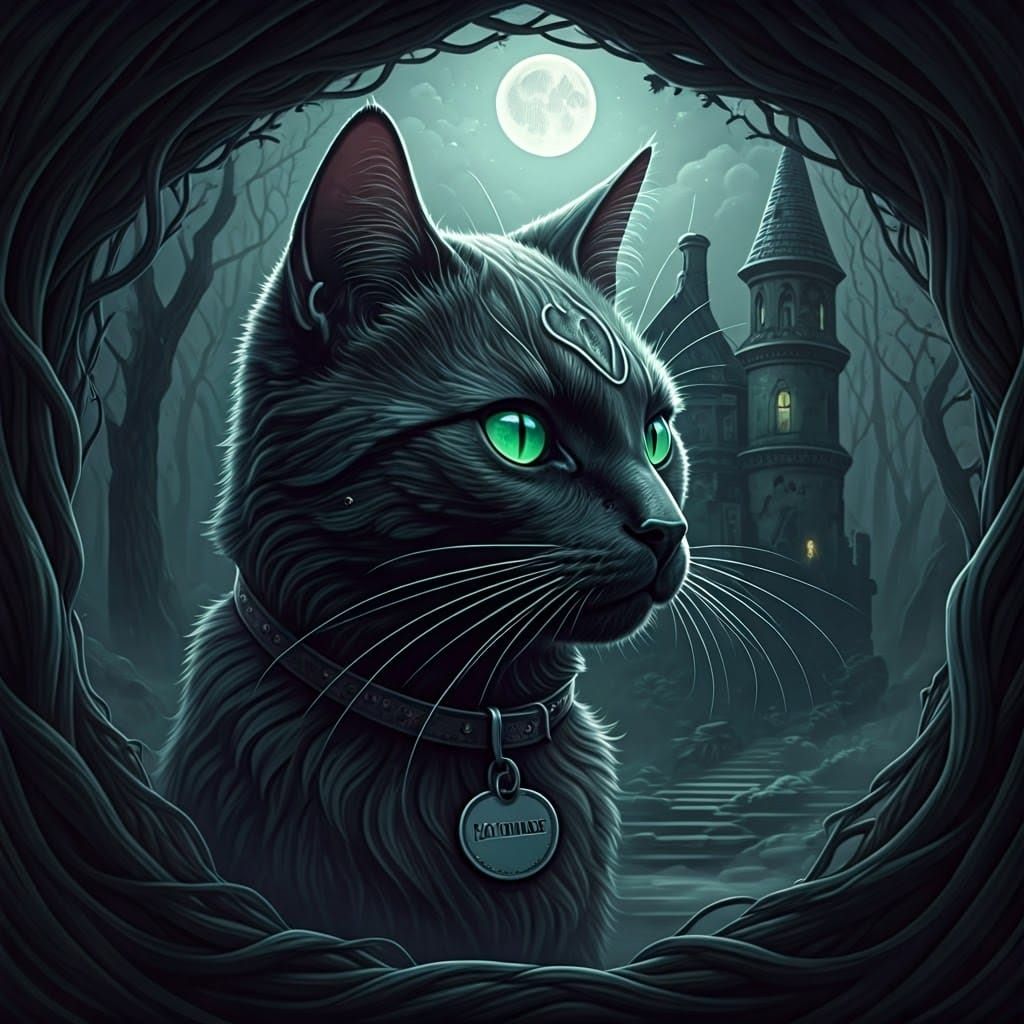 Mystical Black Cat Beckons to Gothic Mansion