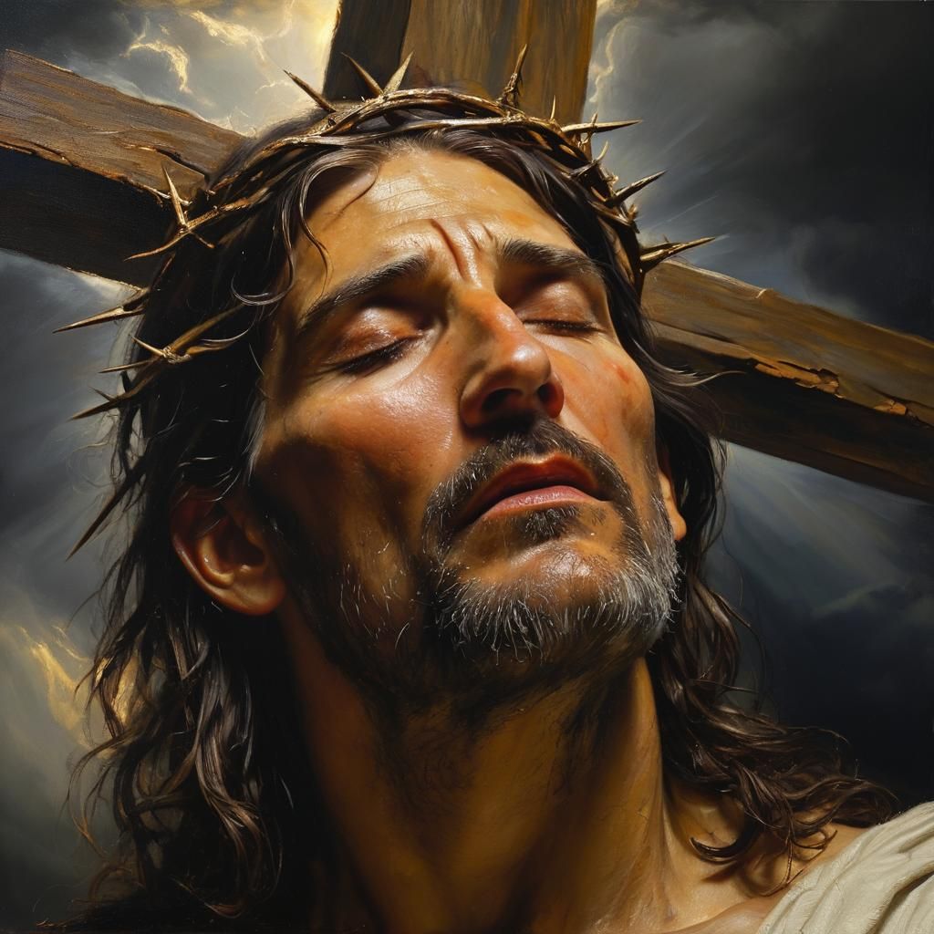 Jesus Christ Crucified: Baroque Oil Painting with Chiaroscur...