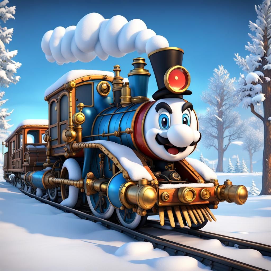 Mario steam punk train , winter land frozen adventures of Luigi ,snow,blizzard, big sharp imagery ,1000 textures details...