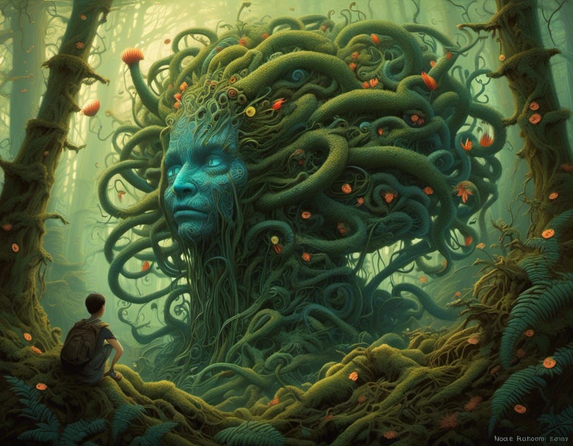 Biomechanical Forest with Giant Fern Plant in Vibrant Colors