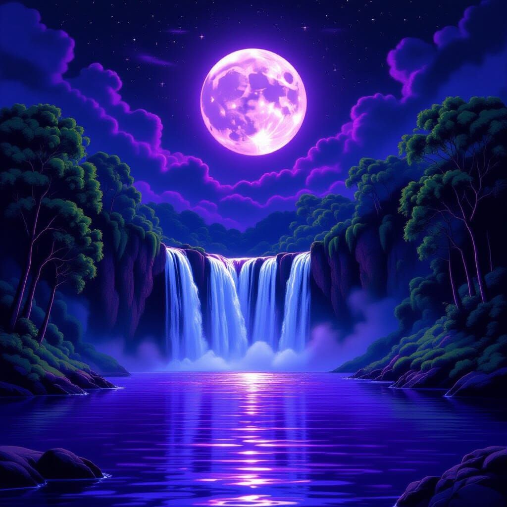 Majestic Waterfall Under Purple Moon Fantasy Art