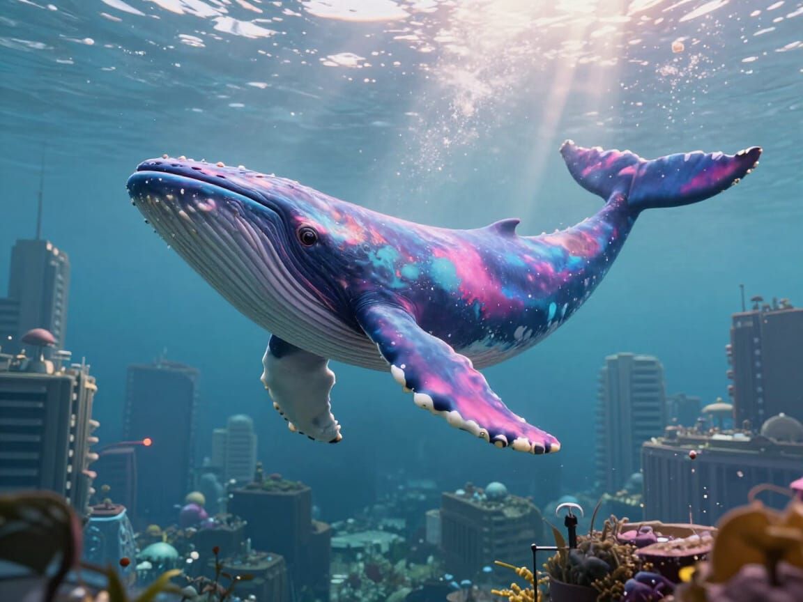 Magical Whale in Dystopian Cityscape