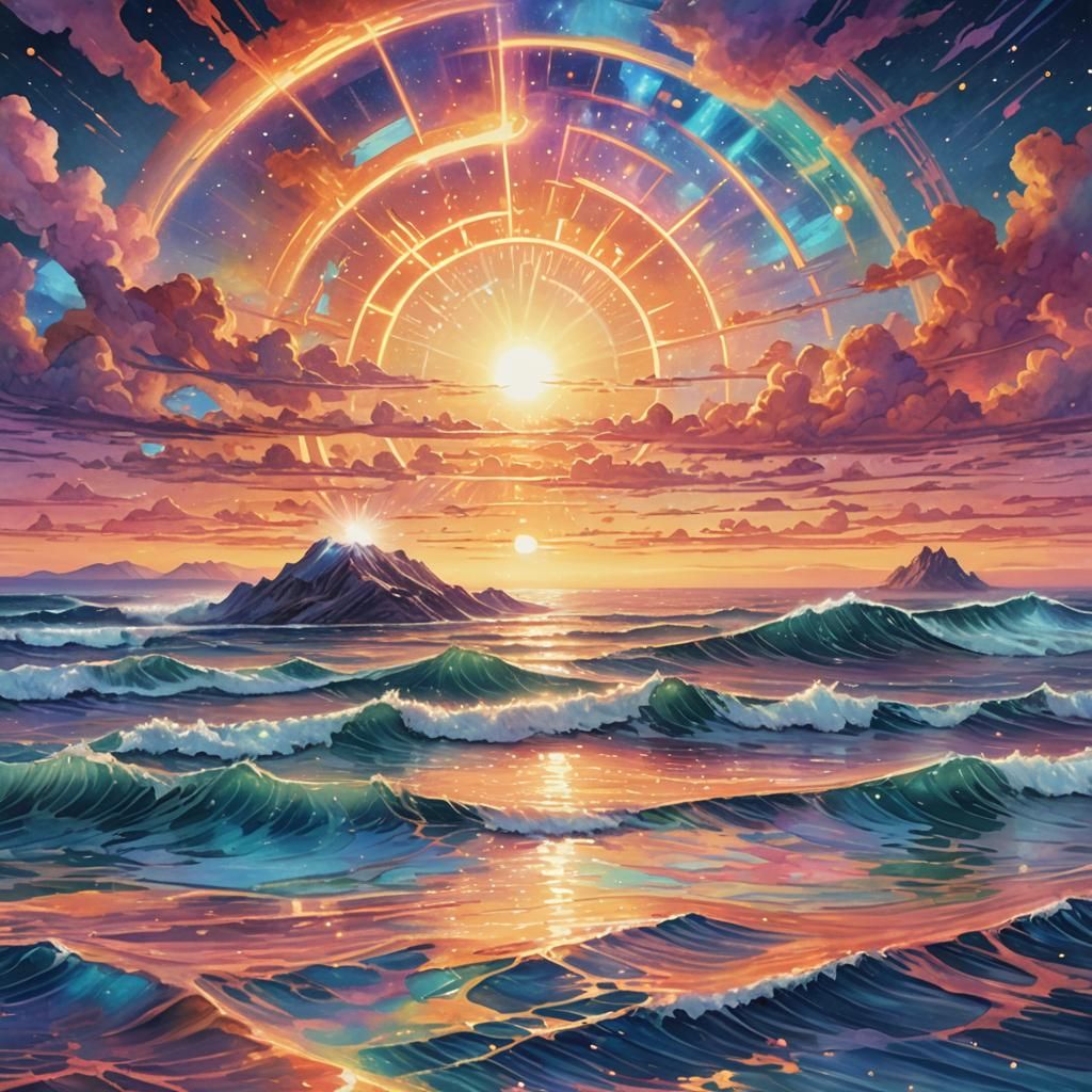 Holographic Astral Sunrise Over the Ocean