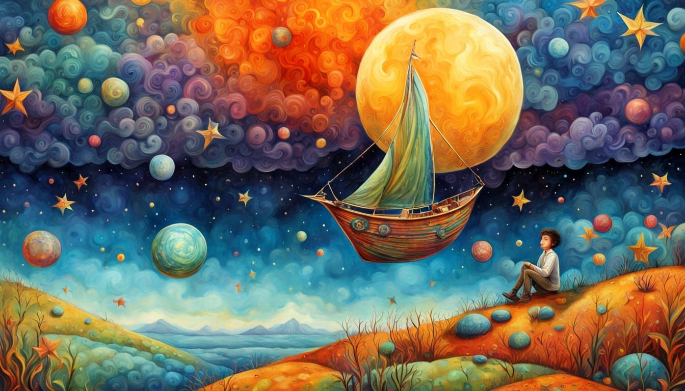 Whimsical Boy Sails Sky-Boat on Star Trail