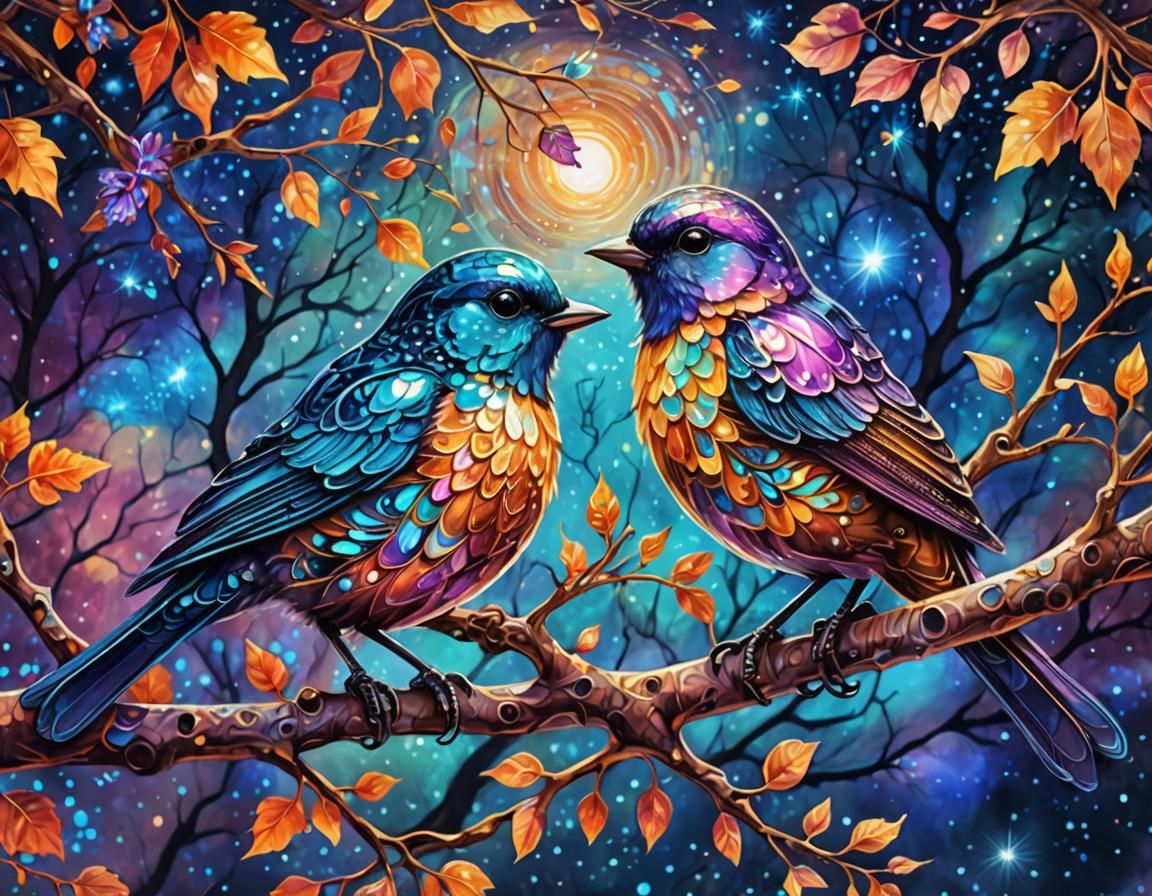 Cosmic Birds on Autumn Branch in Pablo Amaringo Style