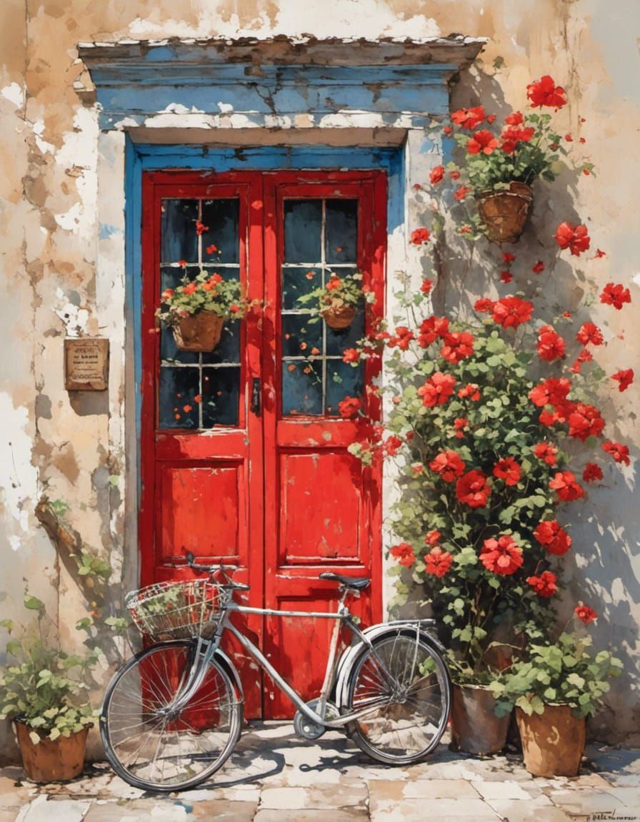 Red Door and Bicycle with Flowers