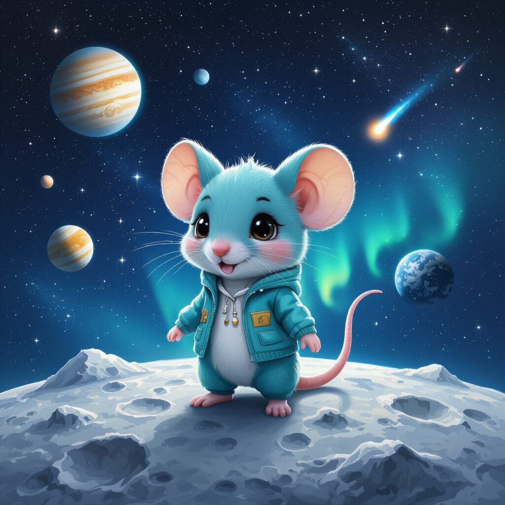 Aqua Chibi Mouse on the Moon in Hyperrealism