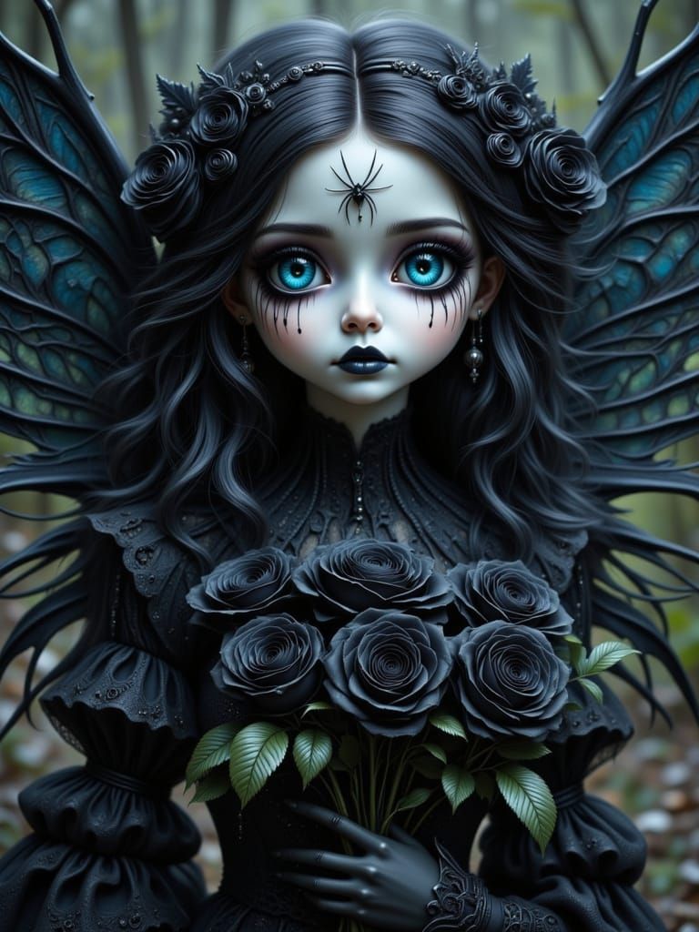 Mystical Fairy with Black Roses in Fantasy Portrait
