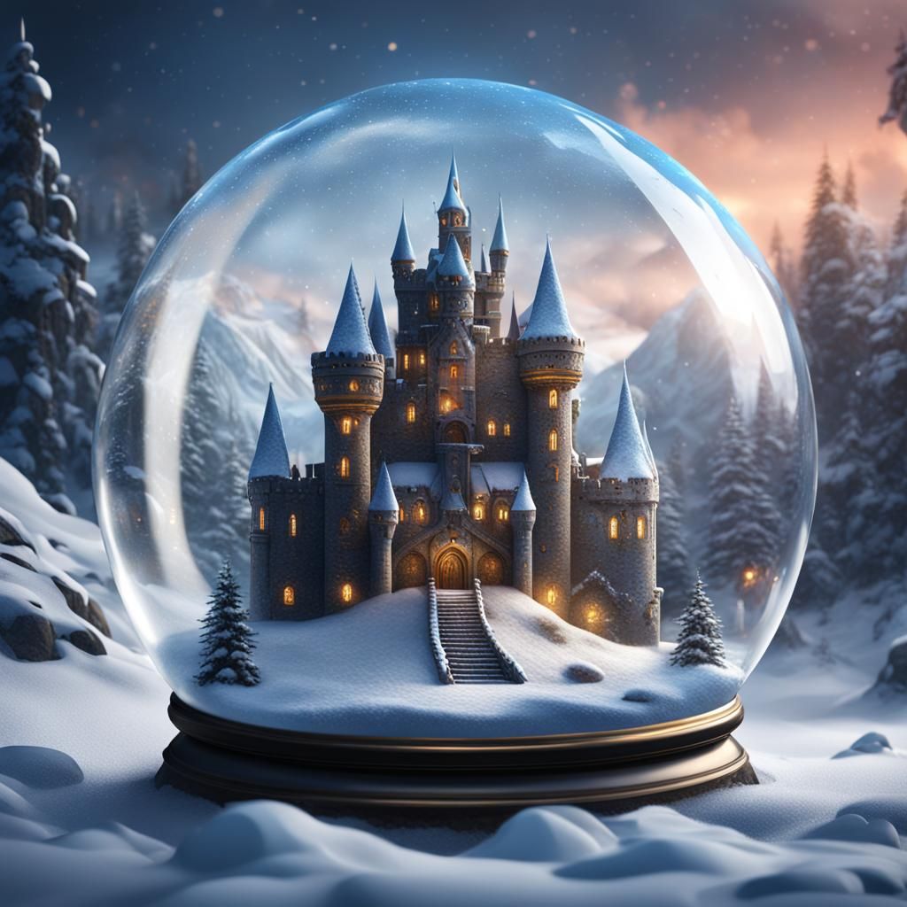 Fantasy Castle in Snow Globe, Detailed Matte Painting