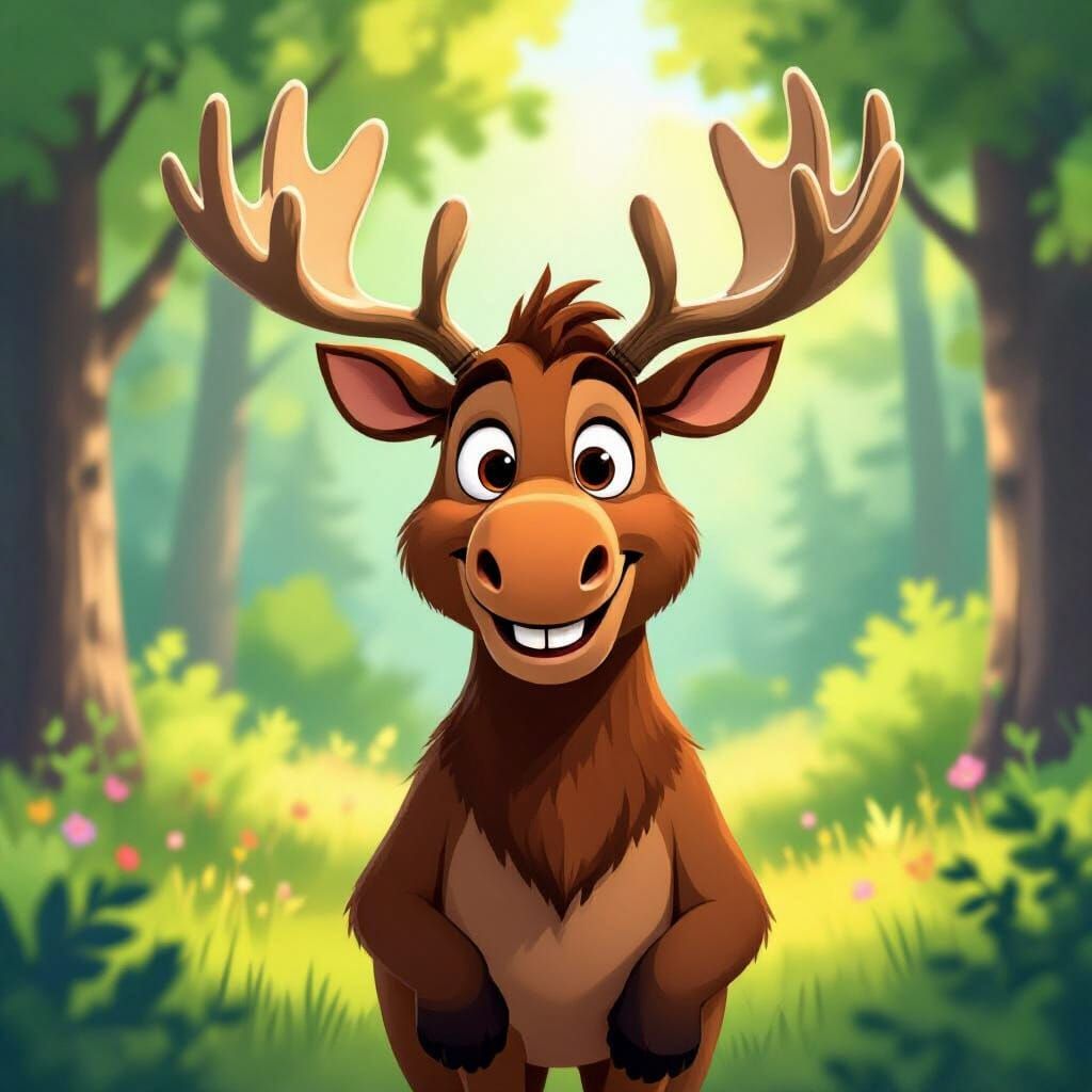 Friendly Cartoon Moose in Whimsical Forest Clearing