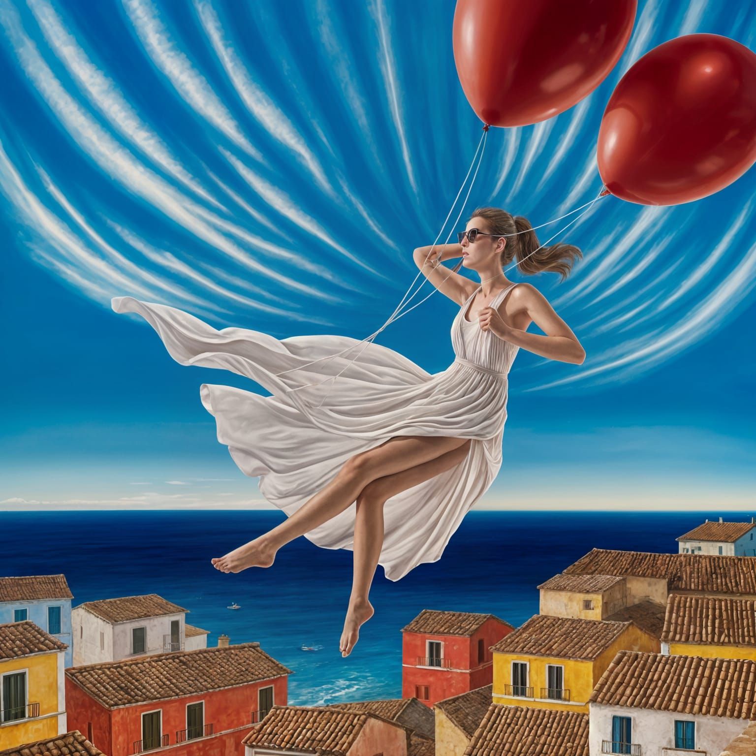Woman Floating with Red Balloons in Surreal Painting