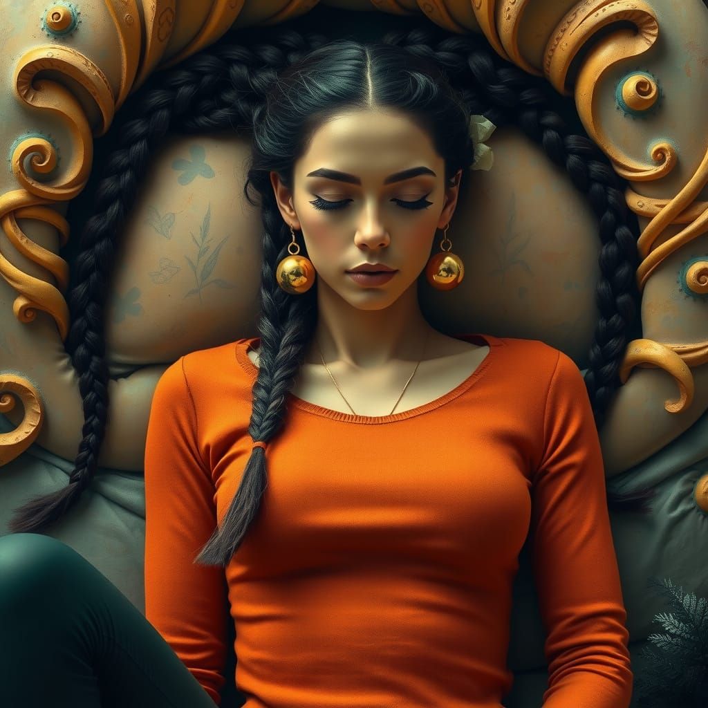 Surrealist Woman in Braids, Surrounded by Dreamlike Atmosphe...