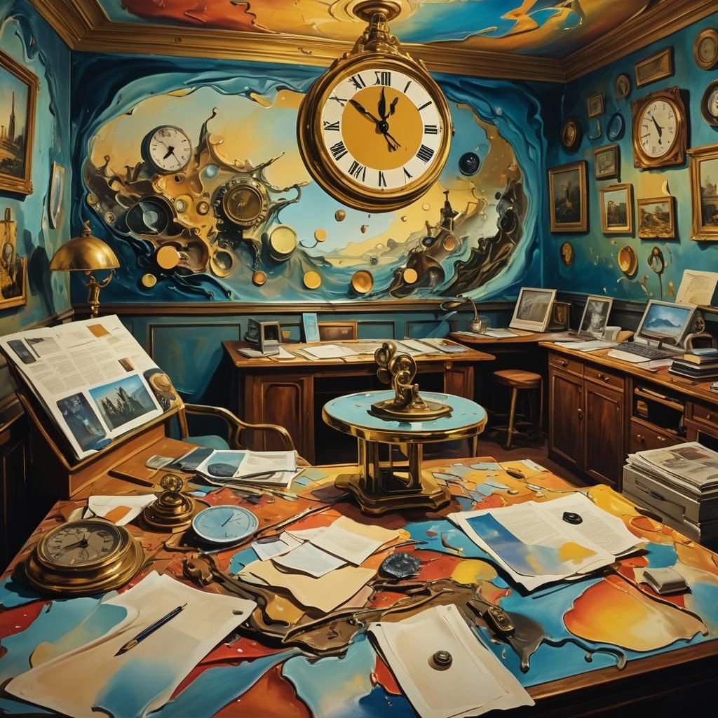 Surreal News Desk in Melting Room, Digital Oil Painting