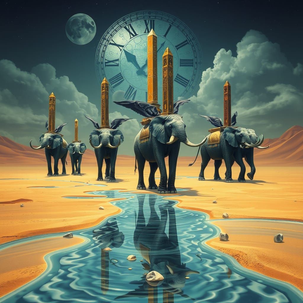 Surreal Desert Elephants with Melting Obelisks