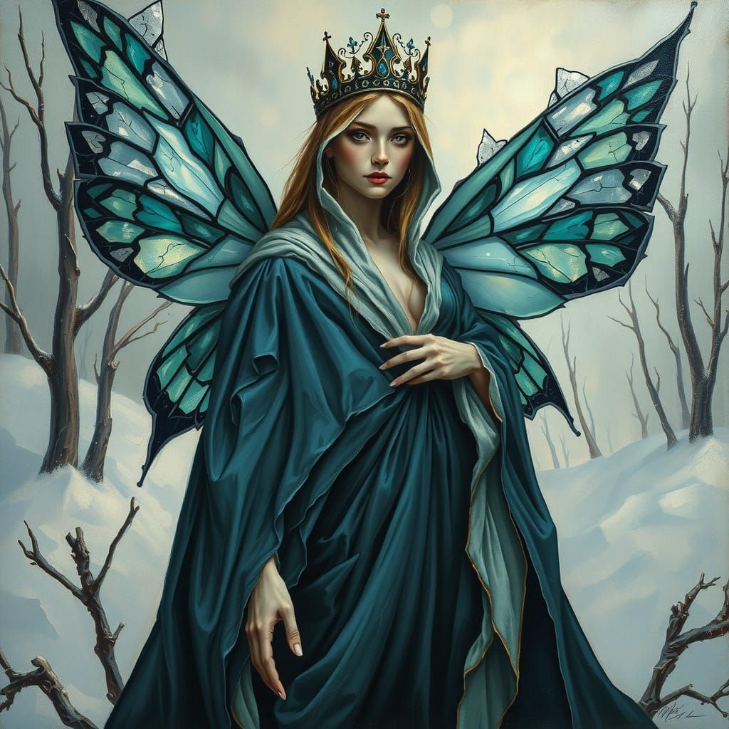 Melancholic Winter Fairy Queen in Tattered Velvet Amidst Sha...