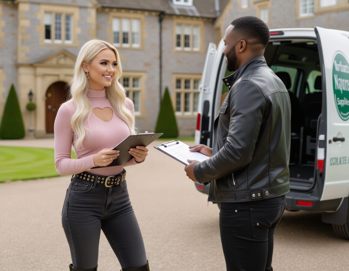 Woman Discusses Delivery With Driver at Mansion