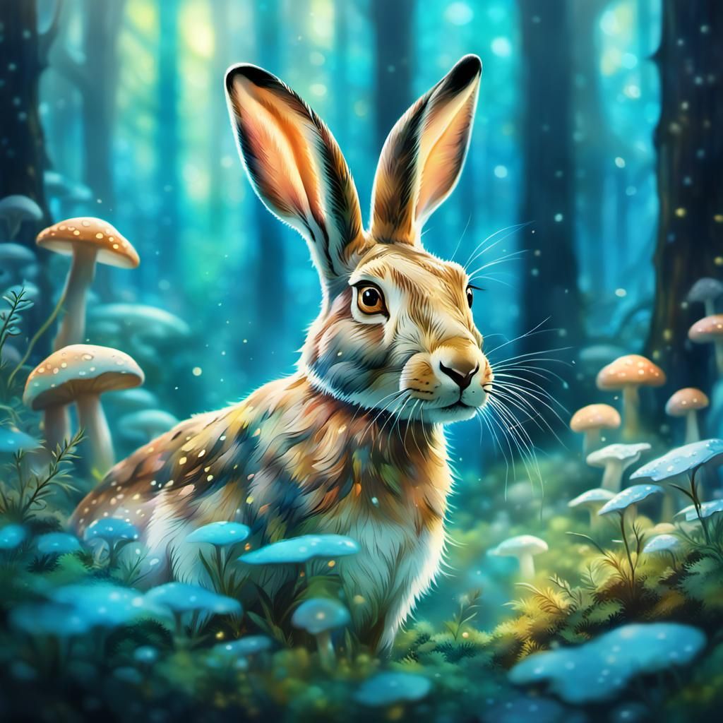 Hare in Mystical Forest: Watercolor Art Nouveau