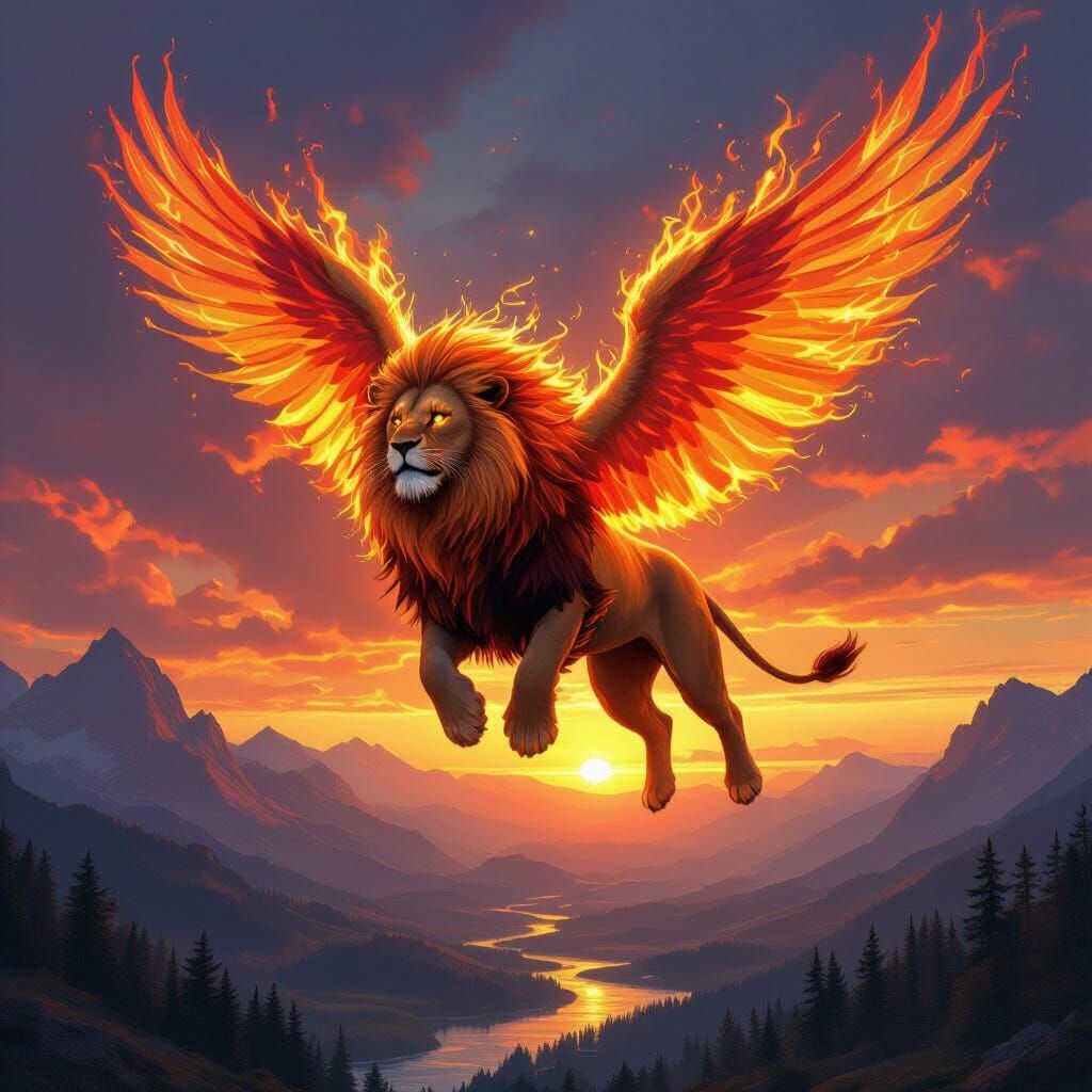 Fiery Winged Lion Soaring at Sunset