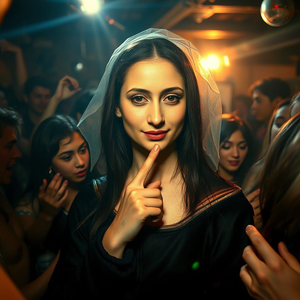 A candid, paparazzi-style photo capturing the Mona Lisa at an end-of-year party in a dirty frat house basement. She is d...