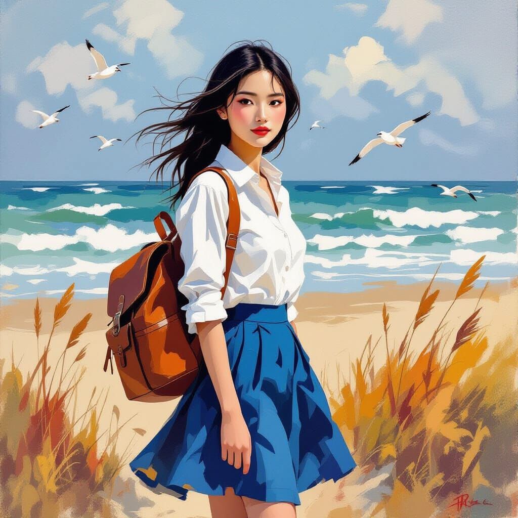 Abstract Oil Painting of Woman on Windy Beach