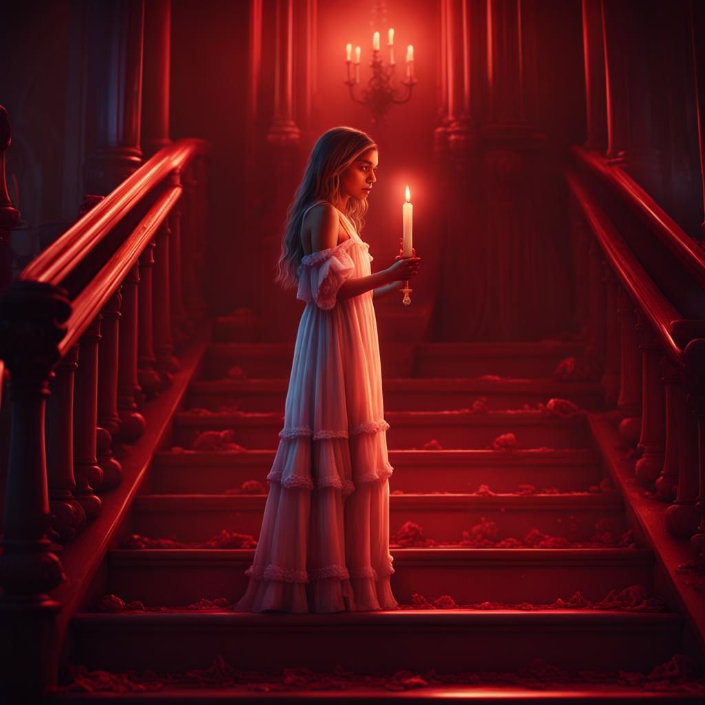 Girl Descends Staircase with Candle in Fantasy Art