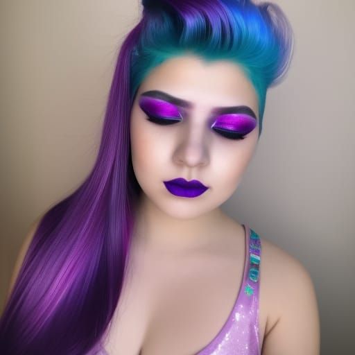 Ethereal young lady with purple Galaxy hair with blue highlights& magenta pink highlights& Emerald green highlights& gli...