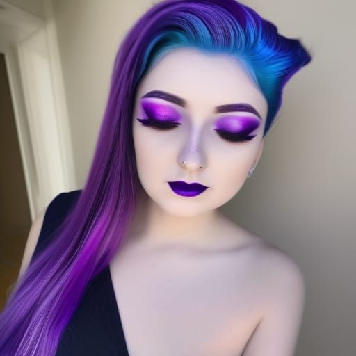 Ethereal young lady with purple Galaxy hair with blue highlights& magenta pink highlights& Emerald green highlights& gli...