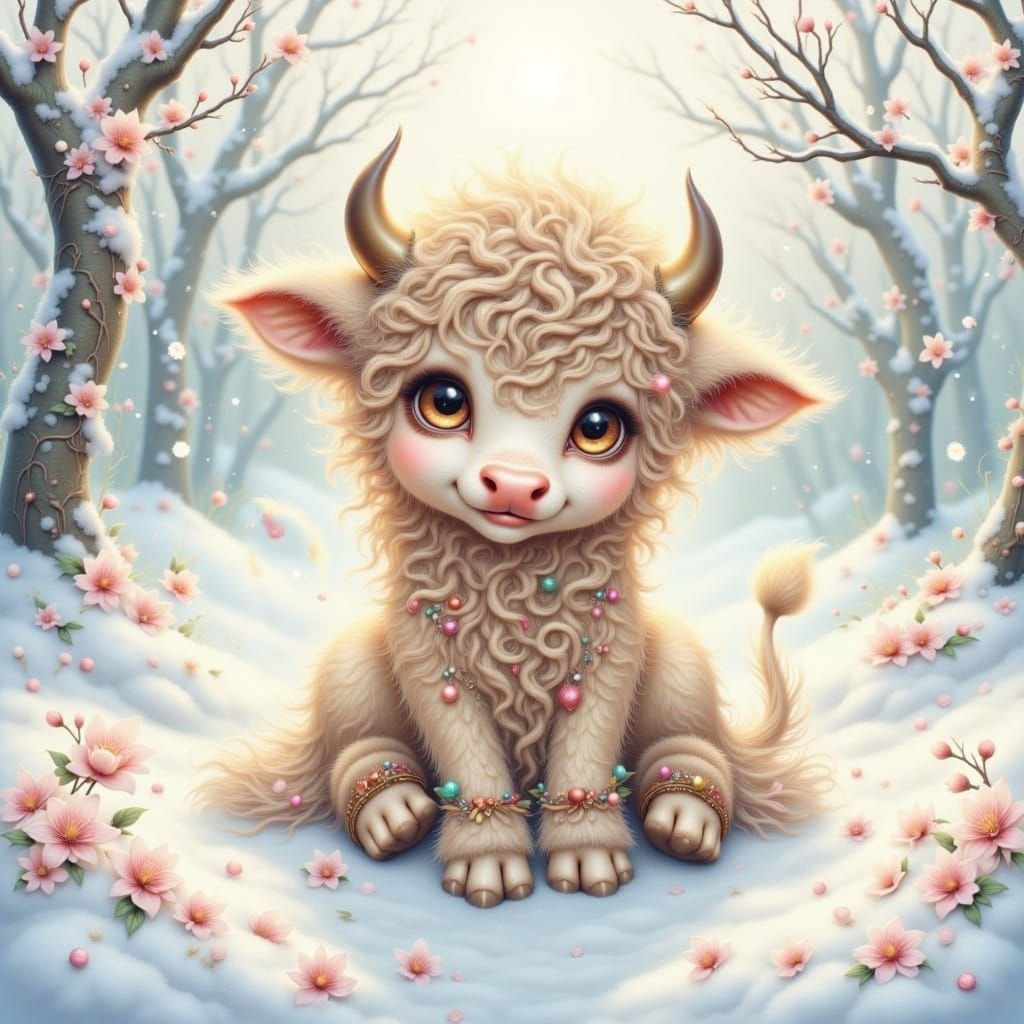 Sweet Curly Calf in Pastel Snowy Landscape