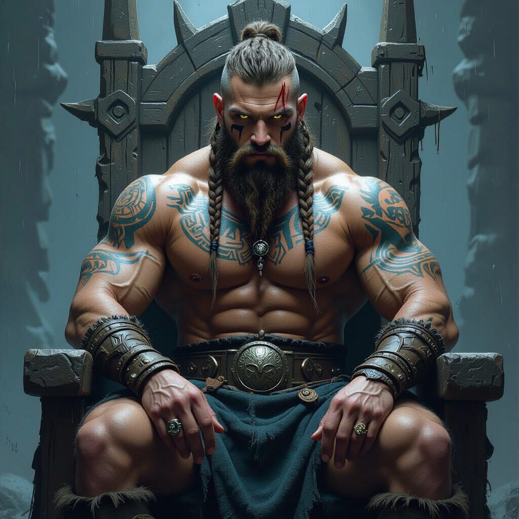 Viking Warrior on Stone Throne with Tribal Tattoos
