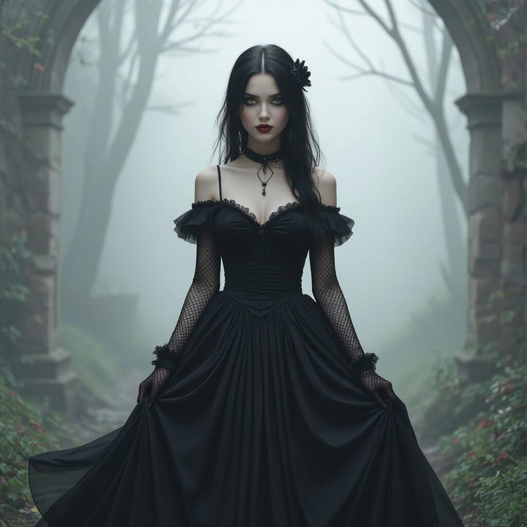 Mysterious Goth Girl in Misty Setting