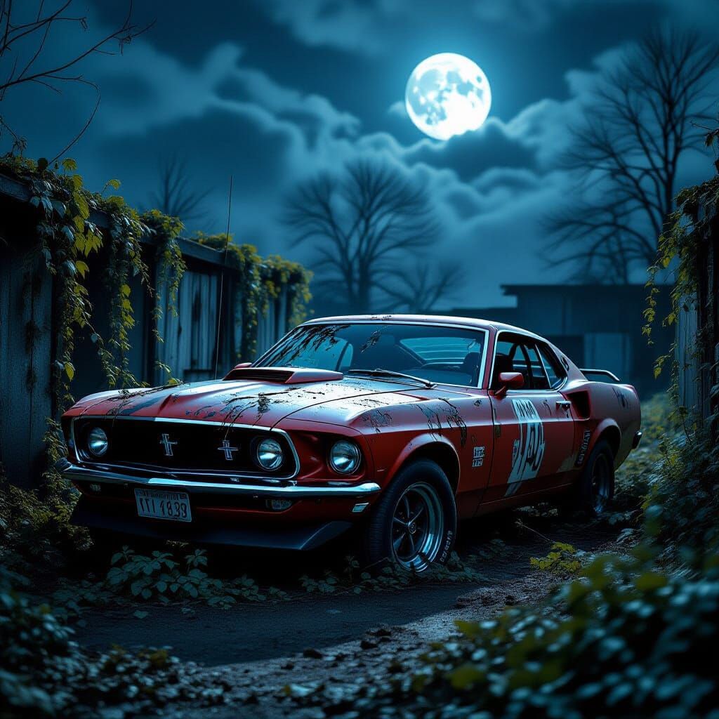 Abandoned 1969 Mustang Boss 429 in Moonlit Junkyard
