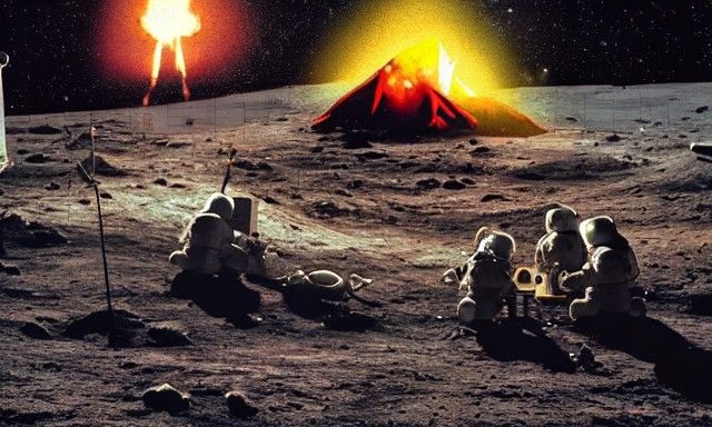 Apollo Astronauts Campfire on Moon with Earthrise