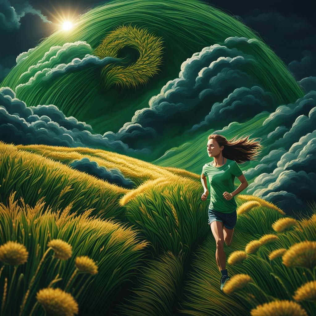 Girl Runs Through Wheat Field Under Cloudy Sky