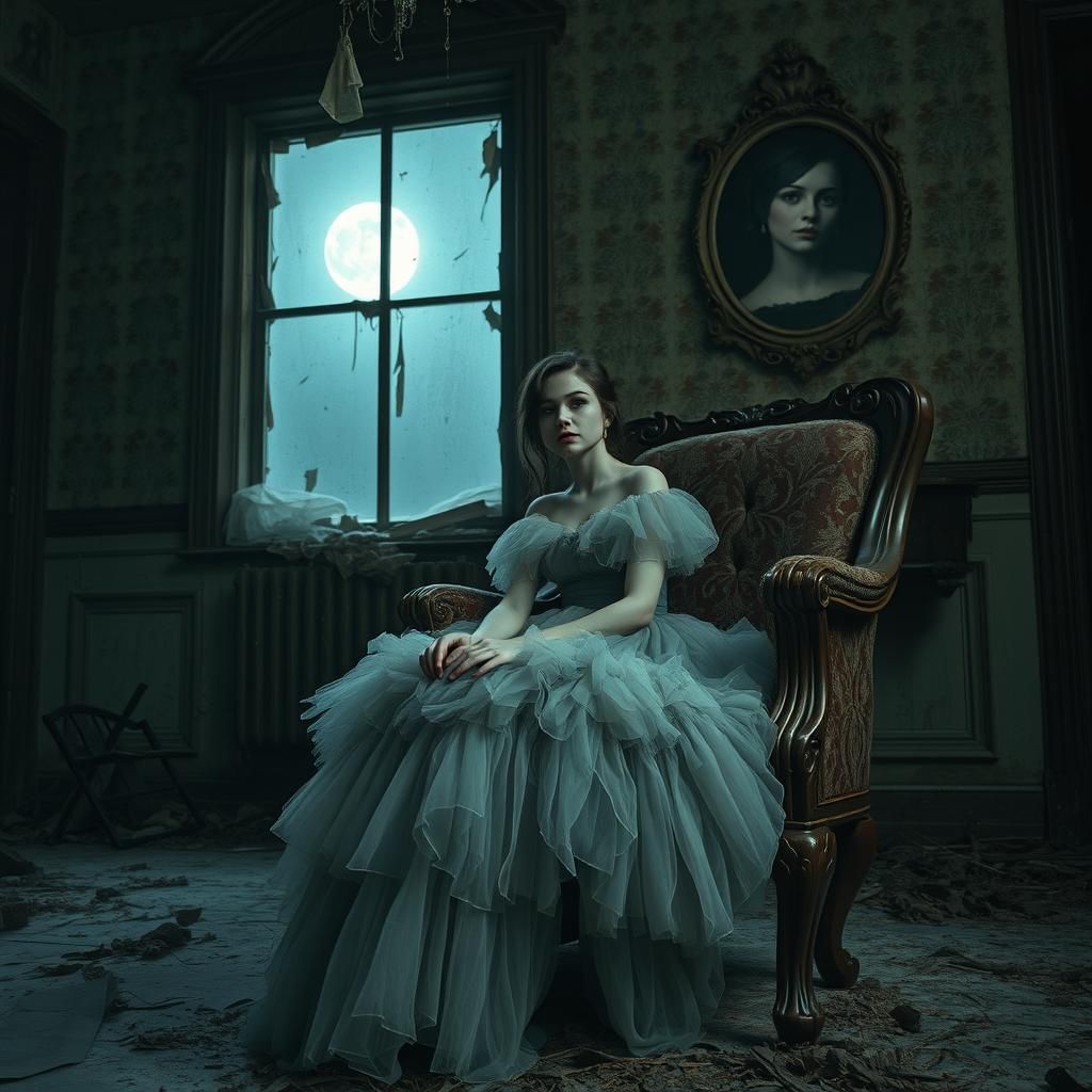 Eerie Ghost Girl in Decaying Room, Cinematic Style