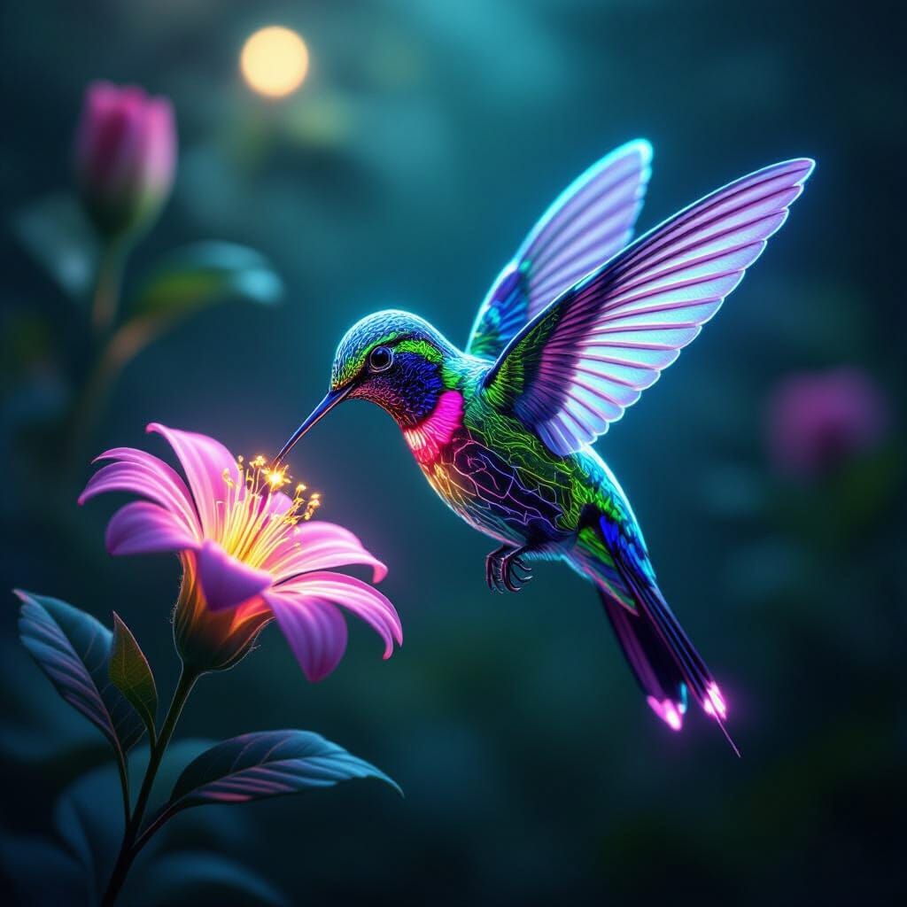 Bioluminescent Biomechanical Hummingbird Sipping Nectar