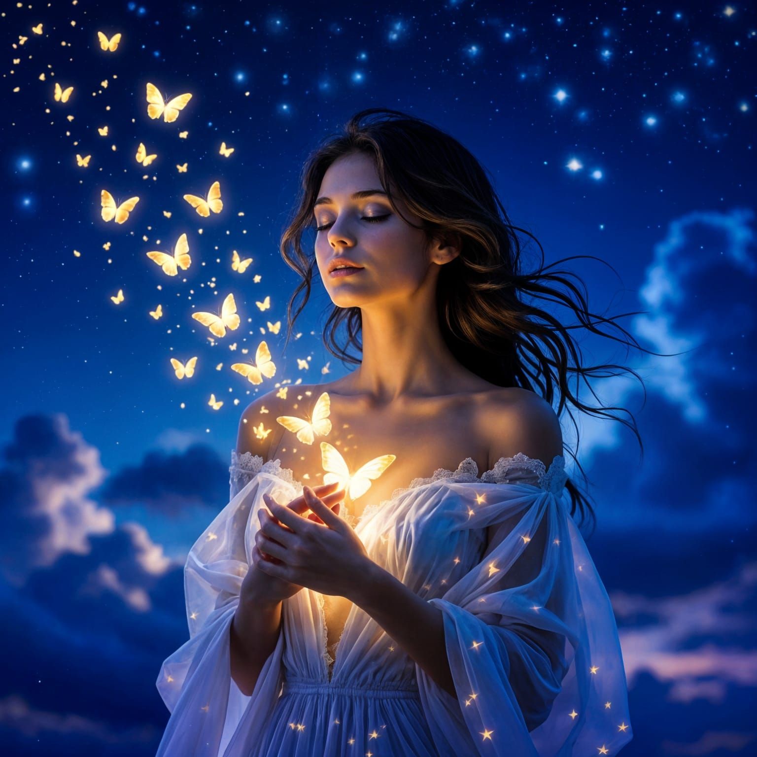 Ethereal Goddess in a Dreamy Starlit Landscape