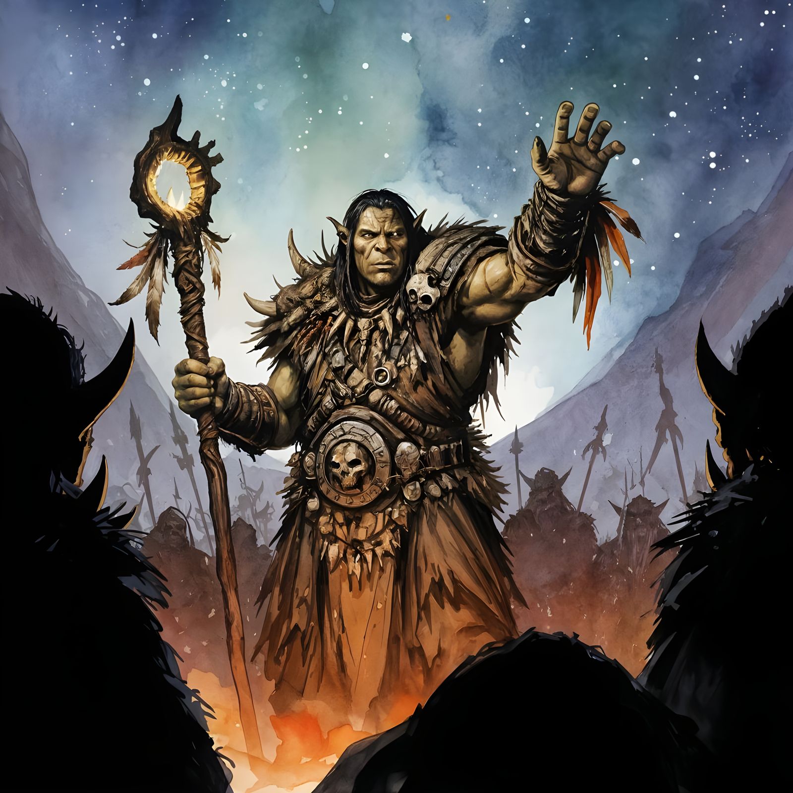 Orc Shaman Confronts the Council in a Celestial Night