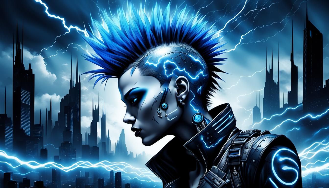Cyberpunk Woman in Dystopian City with Lightning