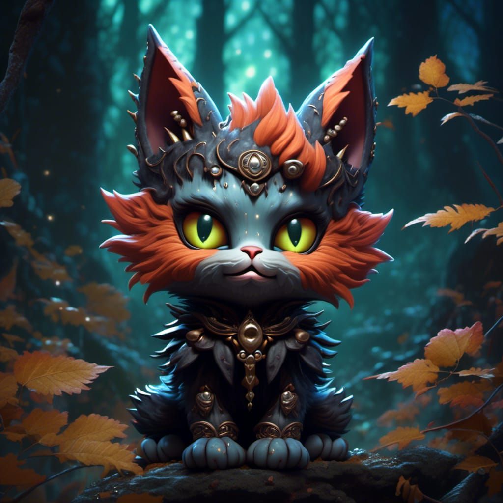 Cute Cartoon Kitten Monster in Dark Gothic Style