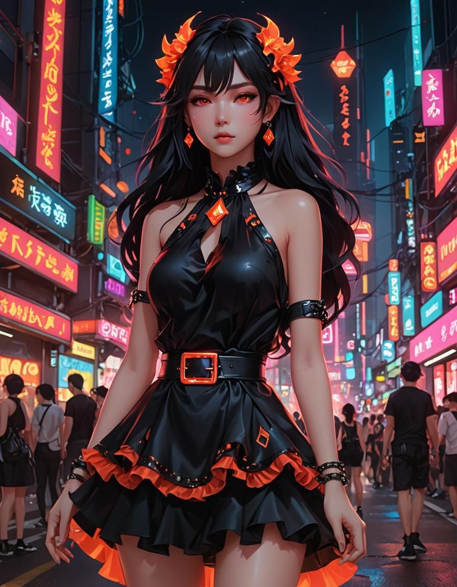 Lava Goth Dress Amidst Neon Lights, 3D Anime Art