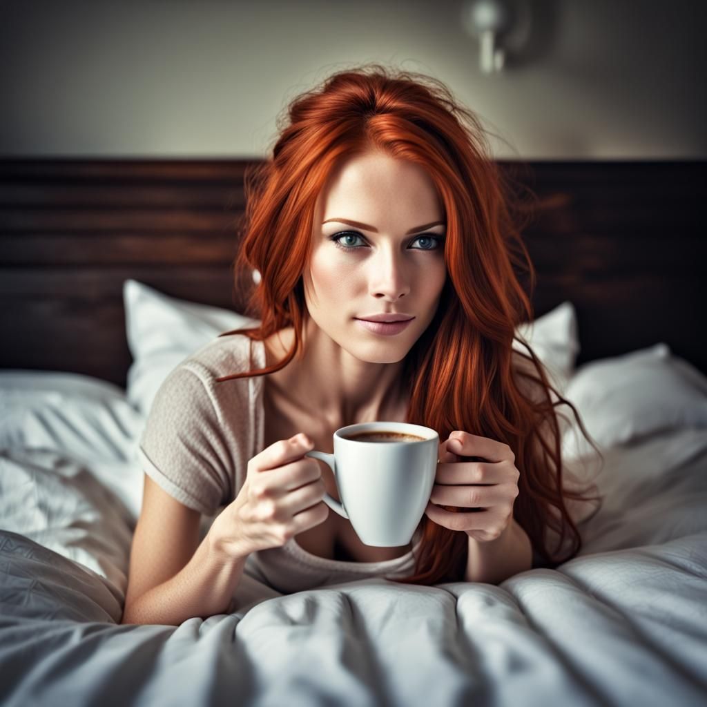 Redhead Enjoys Morning Coffee in Bed: Hyperrealistic