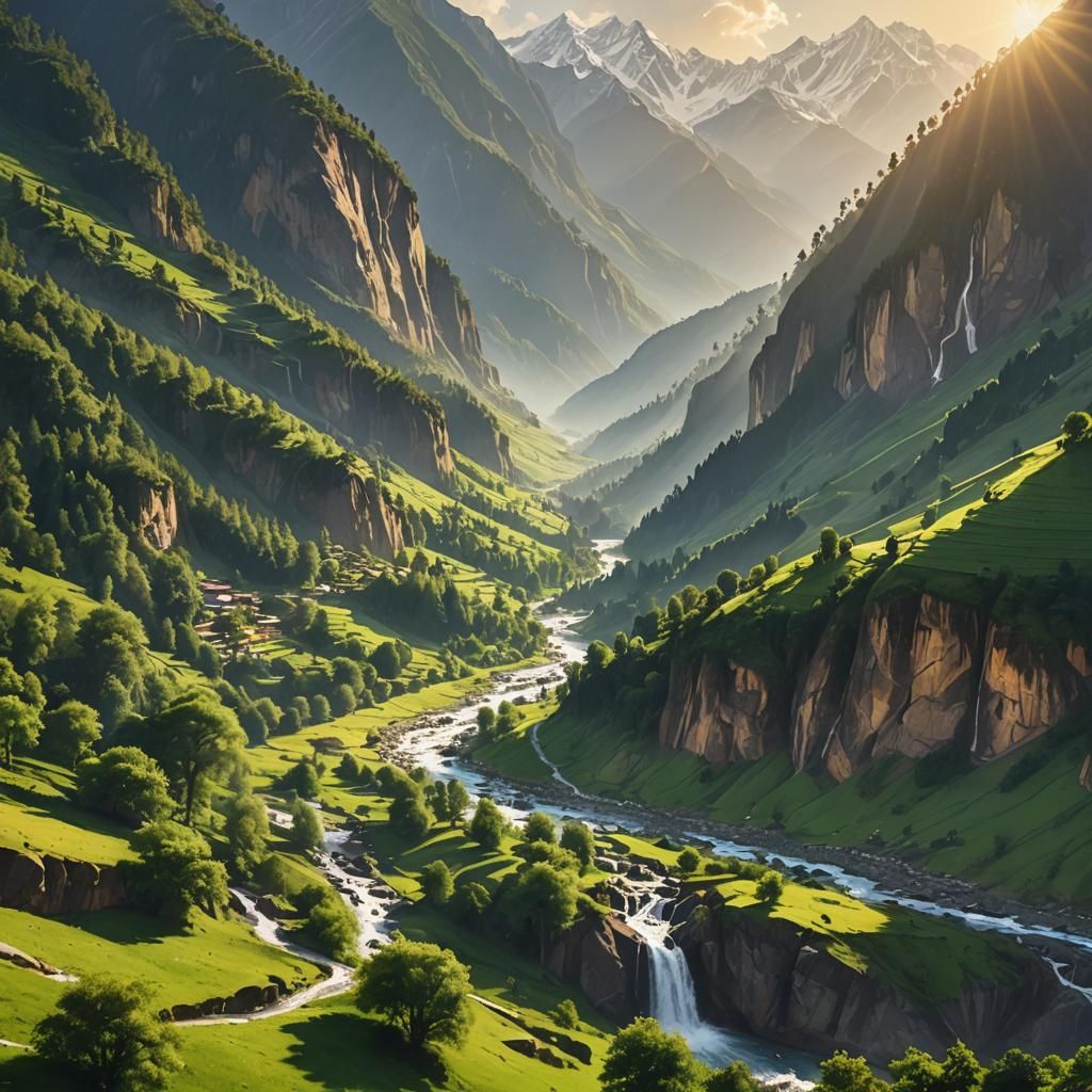 Majestic Kashmir Valley: Photorealistic Mountain Landscape